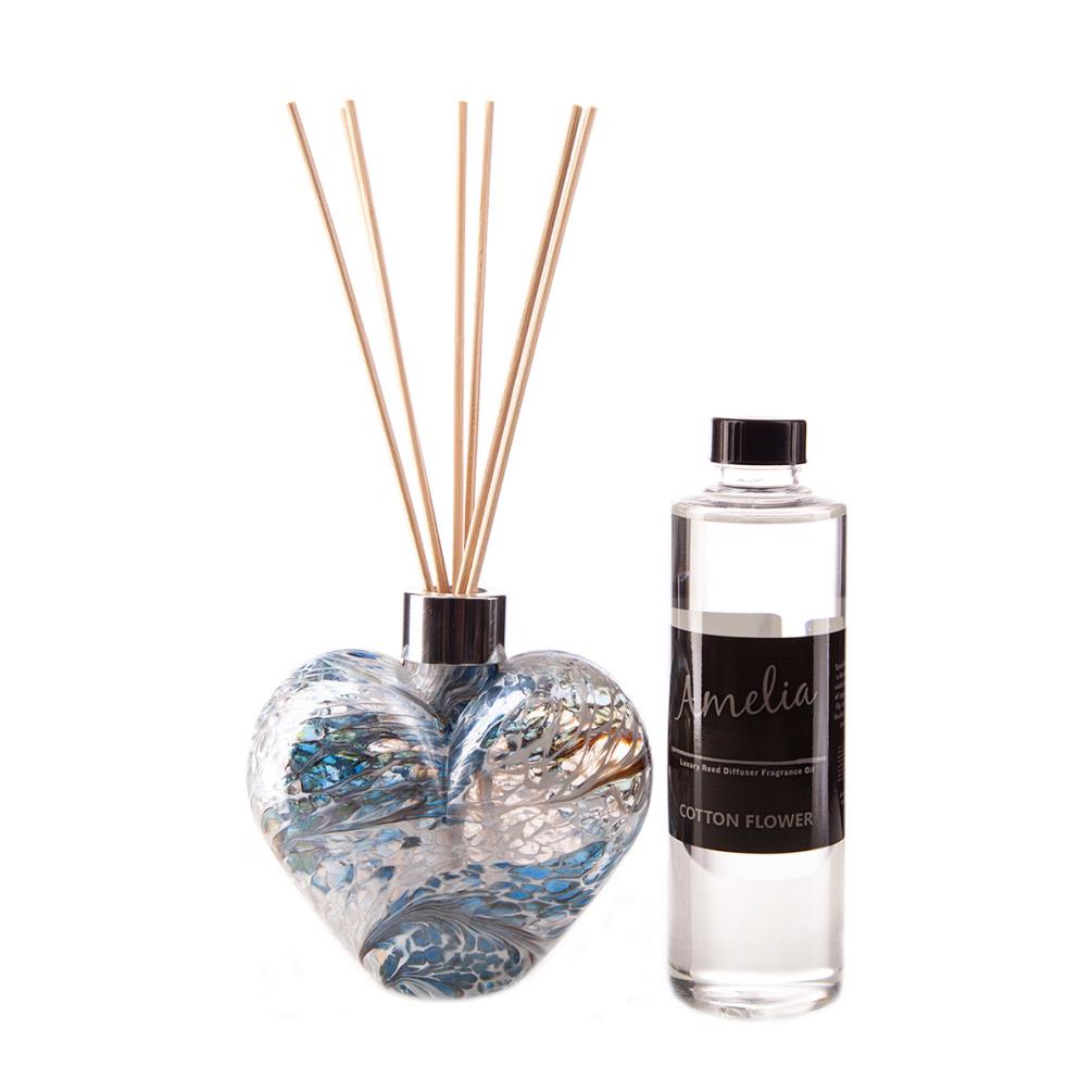 Amelia Art Glass White Blue & Green. Heart Reed Diffuser Gift Set  £35.99